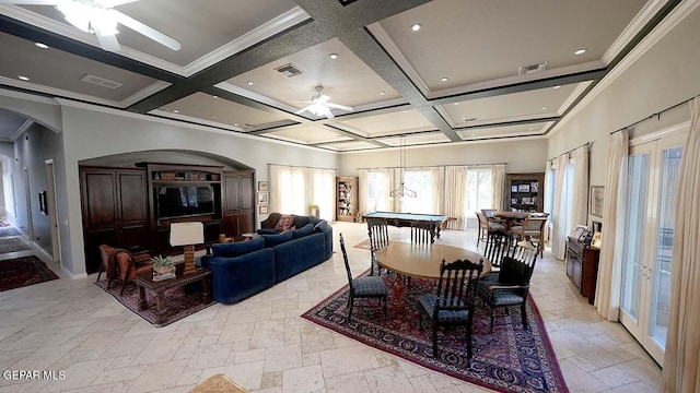 dining room with coffered ceiling, pool table, ceiling fan, and light tile floors