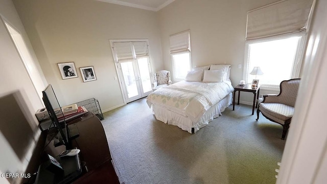 carpeted bedroom featuring ornamental molding, access to exterior, and a towering ceiling