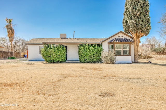 view of front facade featuring stucco siding and fence