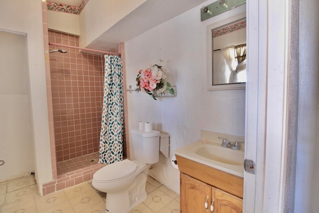 bathroom featuring walk in shower, toilet, vanity, and tile flooring