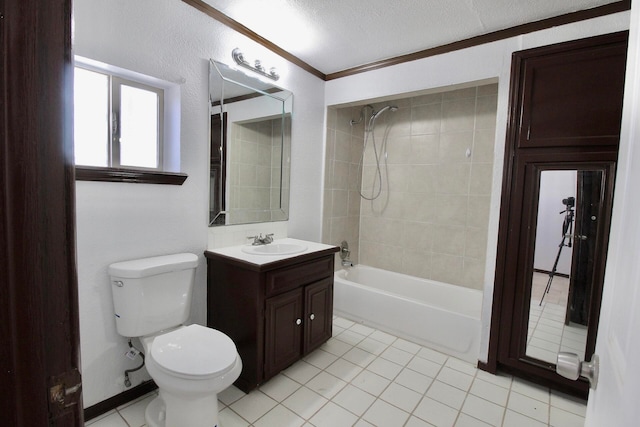 full bathroom with toilet, oversized vanity, tiled shower / bath combo, crown molding, and tile flooring