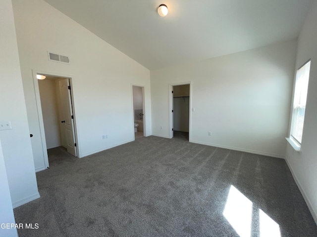 interior space featuring high vaulted ceiling, a spacious closet, dark colored carpet, and a closet