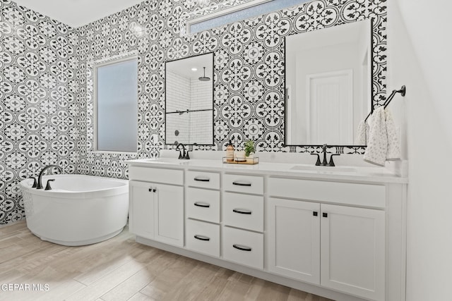 bathroom featuring dual bowl vanity and hardwood / wood-style floors