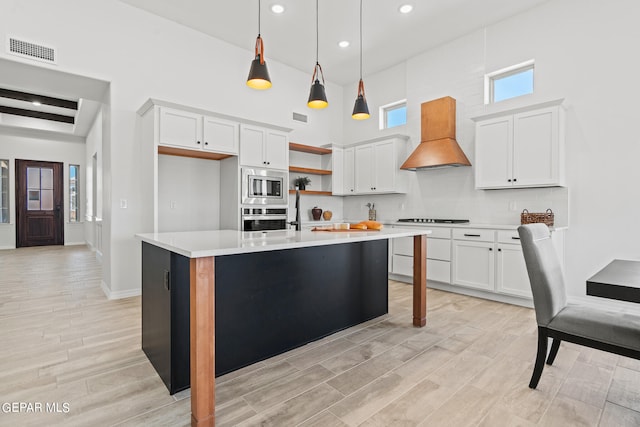 kitchen featuring decorative light fixtures, white cabinetry, appliances with stainless steel finishes, premium range hood, and a center island