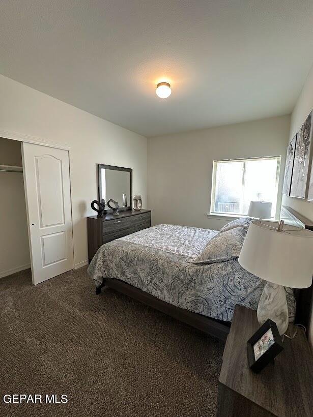 bedroom with dark colored carpet and a closet