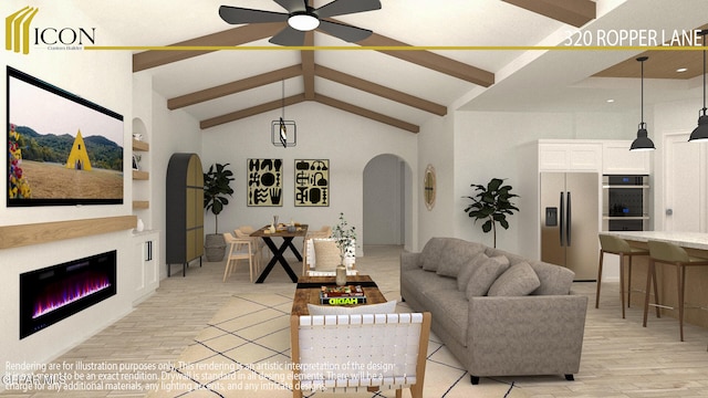 living room featuring ceiling fan, light wood-type flooring, and high vaulted ceiling