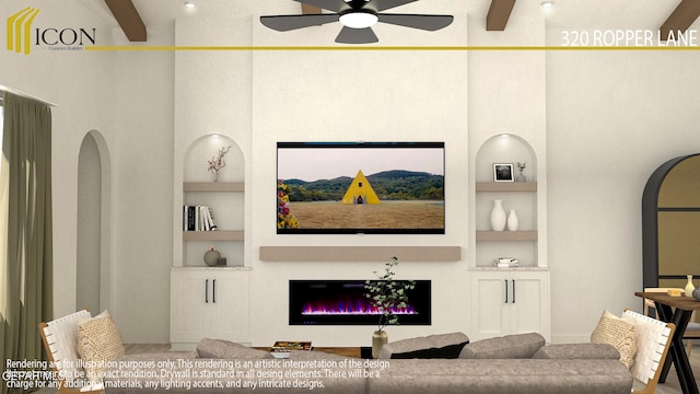 living room with built in shelves, ceiling fan, and beamed ceiling