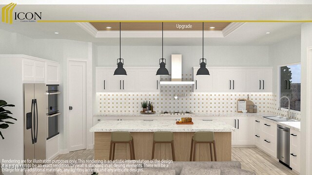 kitchen featuring hanging light fixtures, a center island, range hood, and a raised ceiling