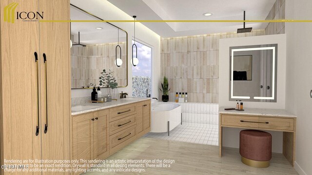 bathroom with wood-type flooring, vanity, and separate shower and tub