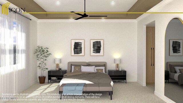 carpeted bedroom with ornamental molding