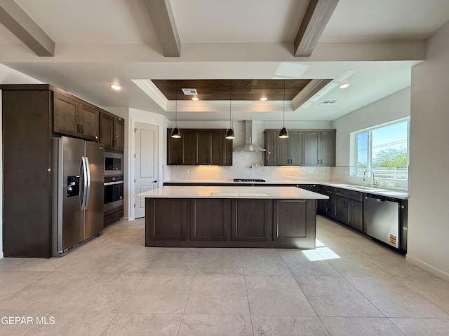 320 Roper Ln, Clint, TX 79836 - kitchen with wall chimney range hood, tasteful backsplash, light countertops, a sink, and stainless steel appliances