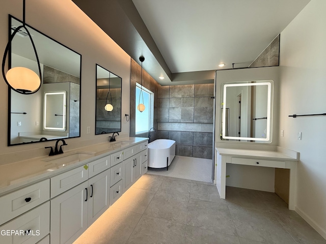 320 Roper Ln, Clint, TX 79836 - full bath featuring double vanity, a sink, a freestanding tub, and walk in shower