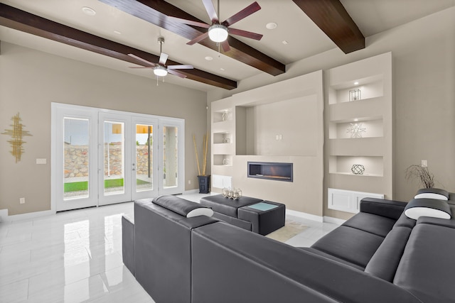 tiled living room with french doors, ceiling fan, built in shelves, and beamed ceiling