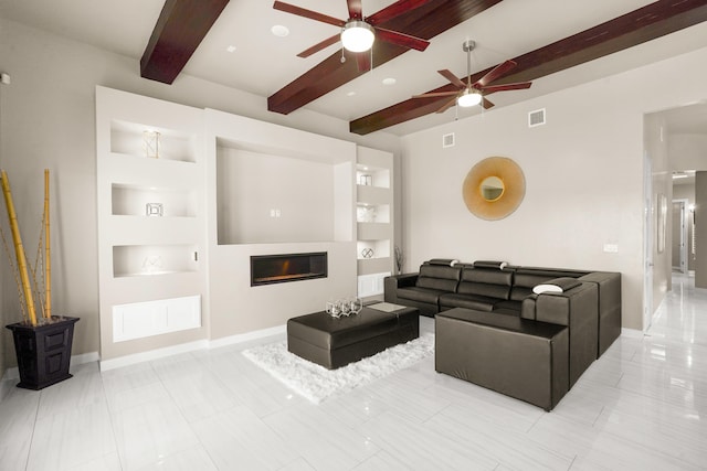 tiled living room featuring built in features, ceiling fan, and beamed ceiling