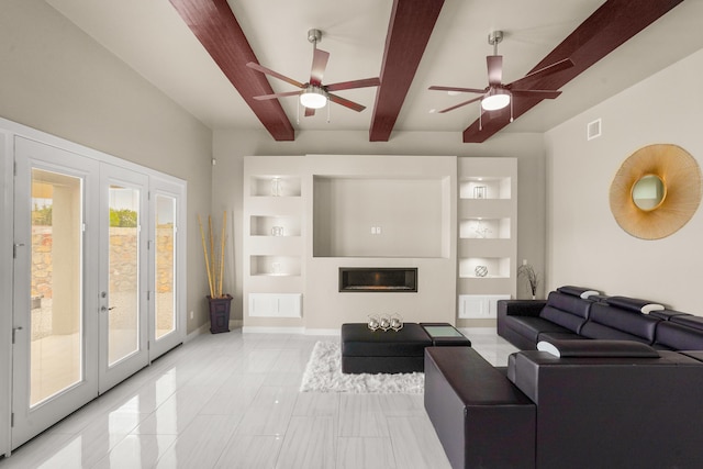 living room with french doors, ceiling fan, built in features, light tile flooring, and beam ceiling