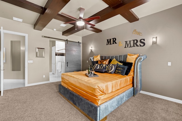 carpeted bedroom featuring a barn door, ceiling fan, and beamed ceiling