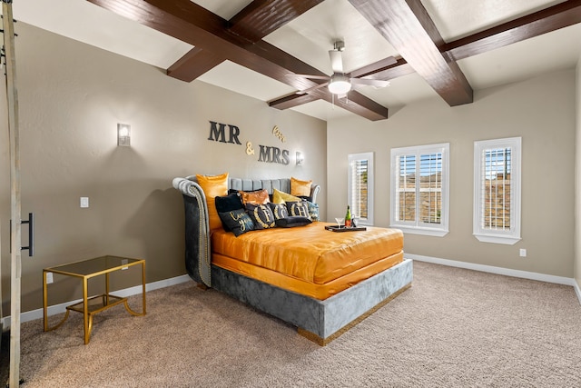 carpeted bedroom featuring beam ceiling, coffered ceiling, and ceiling fan