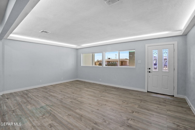 foyer with a textured ceiling, wood-type flooring, and a raised ceiling