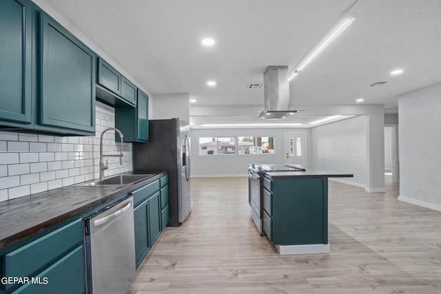 kitchen with light hardwood / wood-style floors, a kitchen island, appliances with stainless steel finishes, backsplash, and sink