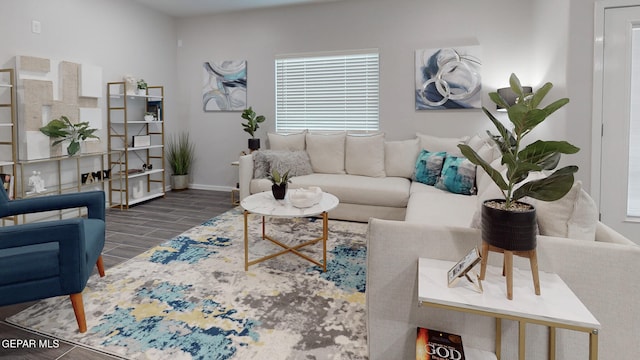 living room with dark hardwood / wood-style flooring