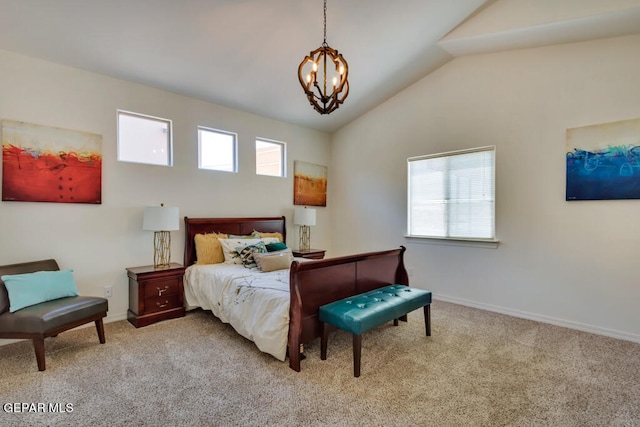 carpeted bedroom featuring a notable chandelier, multiple windows, and vaulted ceiling