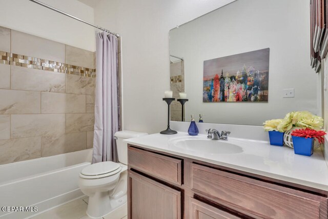 full bathroom featuring toilet, vanity, shower / bathtub combination with curtain, and tile flooring