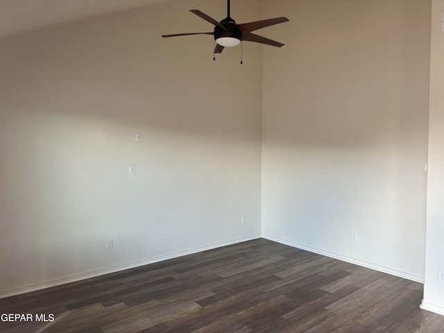 unfurnished room featuring dark hardwood / wood-style floors, ceiling fan, and lofted ceiling