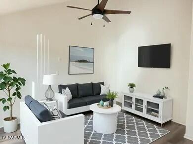 living room featuring wood finished floors and ceiling fan
