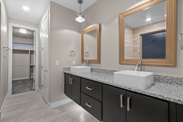 bathroom with dual bowl vanity and hardwood / wood-style floors