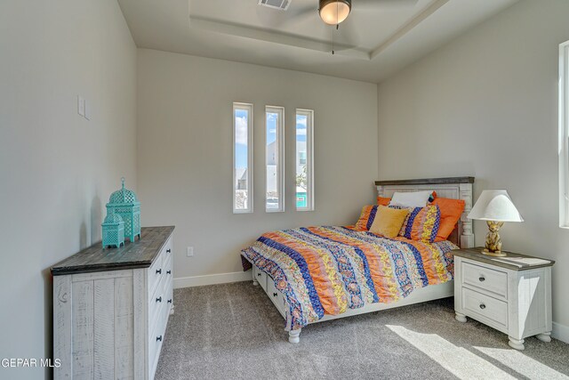 carpeted bedroom featuring visible vents, baseboards, and a tray ceiling