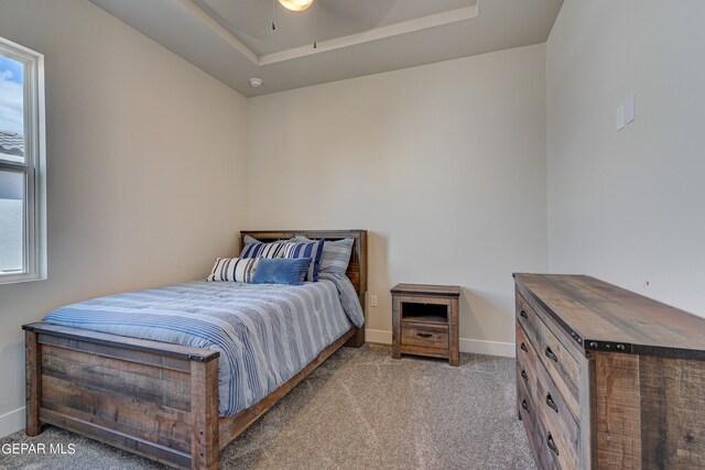 bedroom featuring a raised ceiling, carpet, and baseboards