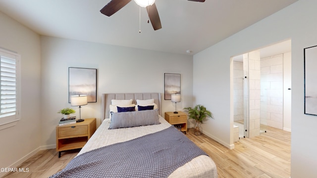 bedroom featuring light wood-style floors, ceiling fan, and baseboards