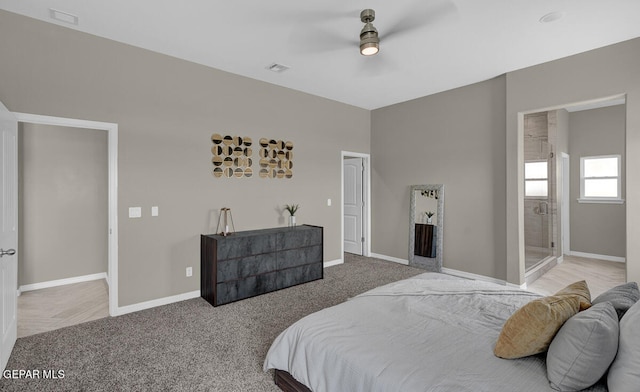 bedroom featuring light carpet and ceiling fan