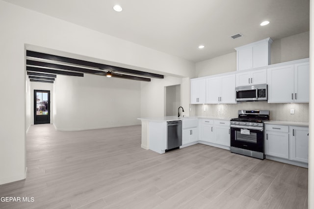 kitchen with appliances with stainless steel finishes, white cabinets, kitchen peninsula, decorative backsplash, and beam ceiling