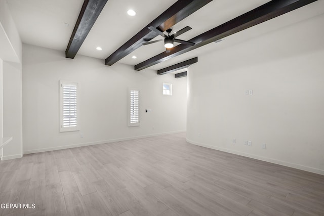 empty room featuring beamed ceiling, light hardwood / wood-style flooring, and ceiling fan