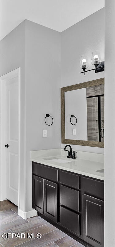 13357 Highworth Dr, El Paso, TX 79928 - bathroom featuring hardwood / wood-style flooring, vanity, and a shower with shower door