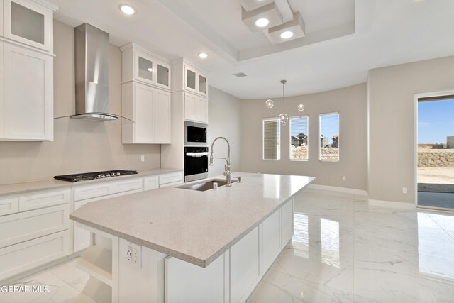 kitchen featuring a sink, marble finish floor, wall chimney range hood, appliances with stainless steel finishes, and a tray ceiling