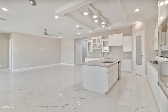 kitchen with glass insert cabinets, a sink, a tray ceiling, stainless steel dishwasher, and recessed lighting