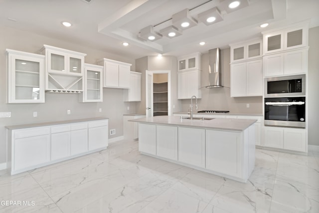 kitchen featuring oven, a sink, built in microwave, wall chimney exhaust hood, and a raised ceiling