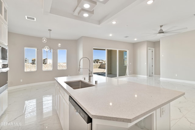 kitchen with recessed lighting, a sink, baseboards, marble finish floor, and stainless steel dishwasher