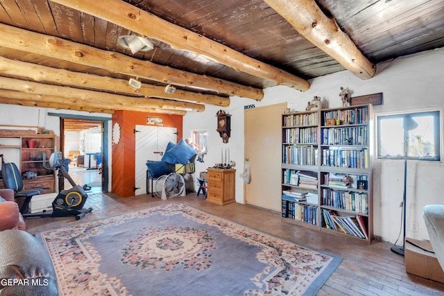 living room featuring wooden ceiling, hardwood / wood-style flooring, and beam ceiling