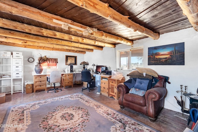 home office with wooden ceiling and beam ceiling