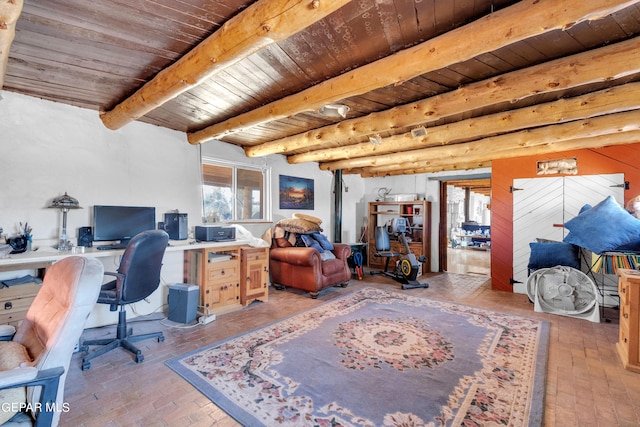 home office with beam ceiling and wood ceiling