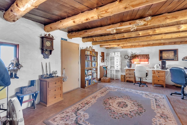 office area featuring wood ceiling, light hardwood / wood-style flooring, and beamed ceiling