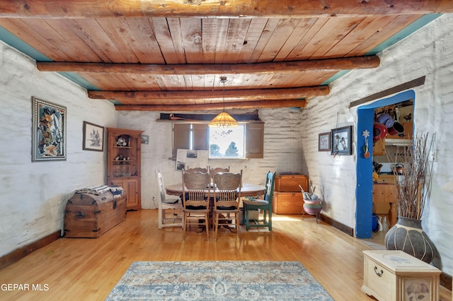 dining space with light hardwood / wood-style floors, wood ceiling, and beamed ceiling