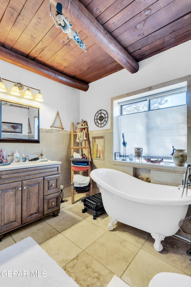 bathroom with vanity, tile walls, tile floors, beam ceiling, and wood ceiling