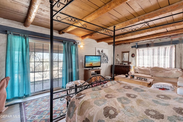 bedroom featuring wooden ceiling, hardwood / wood-style flooring, and beam ceiling