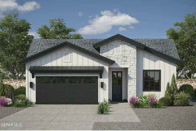 modern farmhouse with a shingled roof, board and batten siding, a garage, stone siding, and driveway