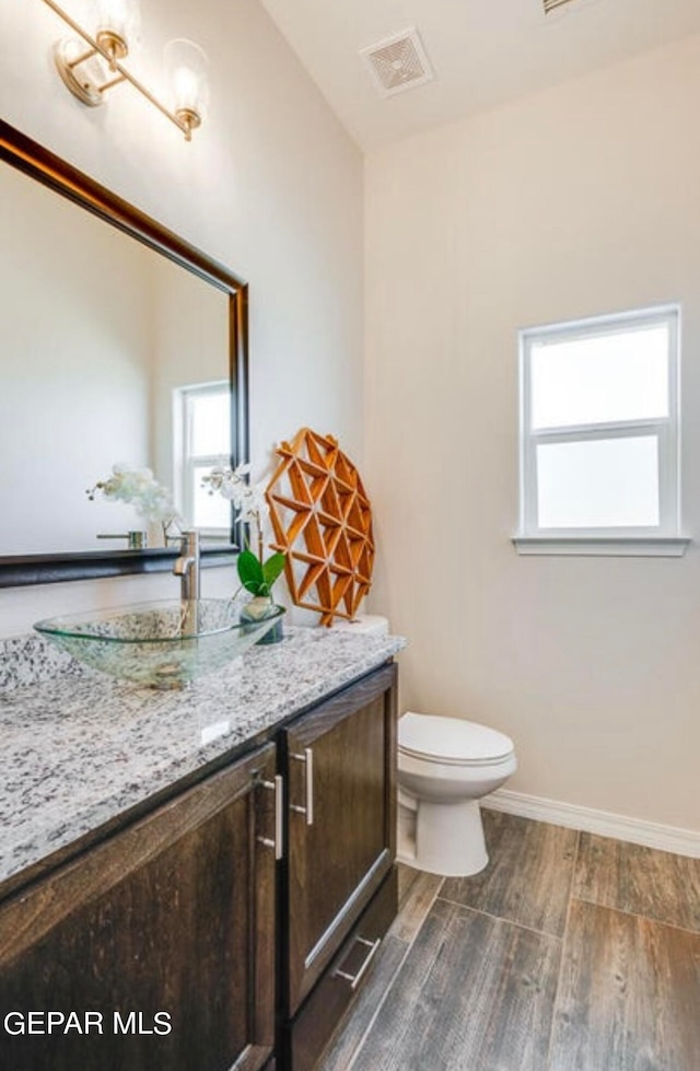 bathroom featuring toilet, a healthy amount of sunlight, vanity, and wood-type flooring