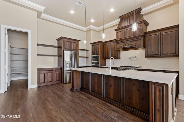 1848 Cimarron Park Dr, El Paso, TX 79911 - kitchen featuring visible vents, appliances with stainless steel finishes, open shelves, dark brown cabinets, and a sink